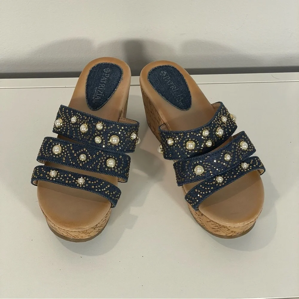 Patrizia By Spring Step Denim Pearl Gold Stud Embellish Cork Wedge Sandal Sz 38